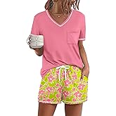Ekouaer Women's Pajamas Sets Short Sleeve Lounge Sets Sleepwear Casual Two Piece Pjs With Pockets