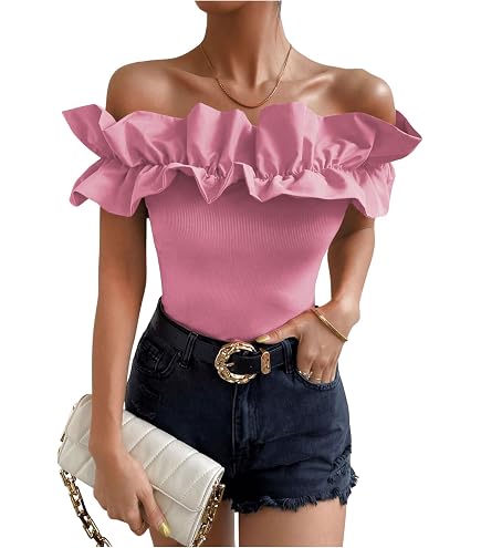 OYOANGLE Women's Long Sleeve Rib Knit Ruffle Off Shoulder Blouse