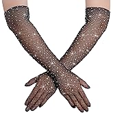 SUMERSHA Women's Rhinestone Fishnet Gloves Long Mesh Sparkly Opera Party Glitter Sheer Gloves for Halloween Costume Accessory
