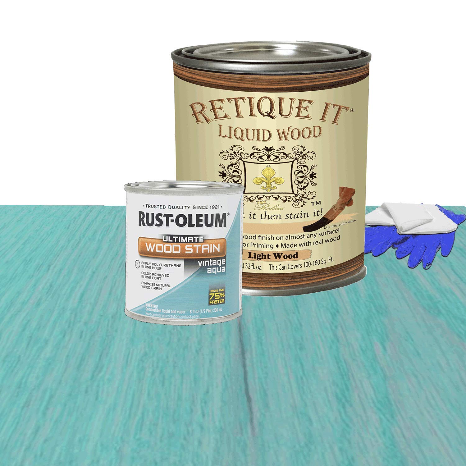 Retique It Liquid Wood - Quart Light Wood w/Vintage Aqua Stain-Stainable Wood Fiber Paint-Put a fresh coat of wood on it (32oz LW Vintage Aqua)