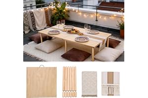 Folding Picnic Table with Boho Table Runner & Large Picnic Blanket, Portable Low Wooden Picnic Table with Adjustable Heights 