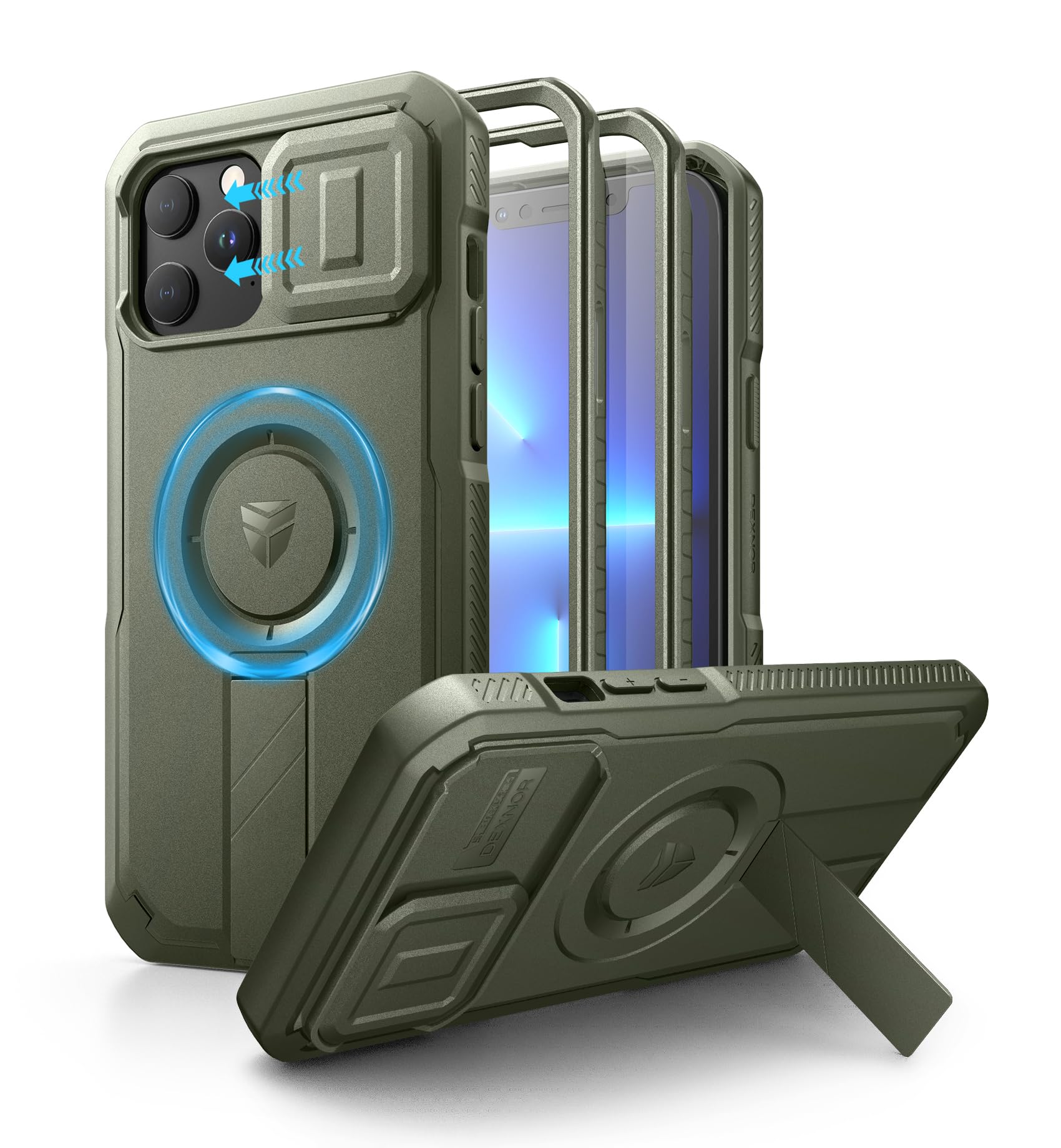 Dexnor for iPhone 13 Pro Max/12 Pro Max Case with Slide Camera Cover & Adjustable Kickstand & Built-in Screen Protector, Magsafe Rugged Bumper Cases Heavy-Duty Magnetic Protective Cover,Army Green