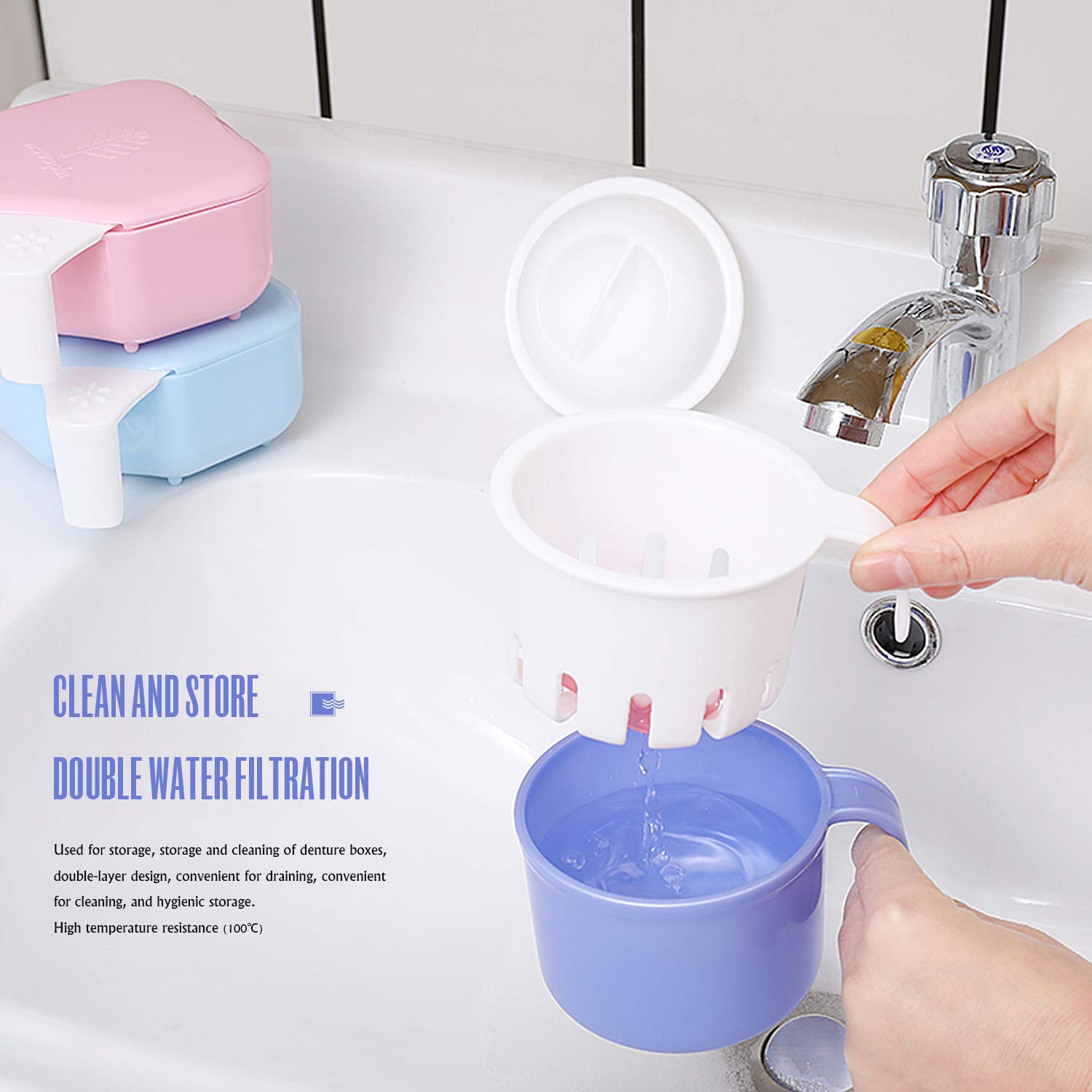 Denture Box Denture Cup with Strainer Portable Denture Bath Box Case Can Be Used As a Gift for Mom and Dad for Safe Guard Dentures，Capacity 10.6 oz : Beauty