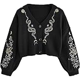 BEAUDRM Women's Cropped Cardigan Boho Gothic Floral Embroidery Long Sleeve V Neck Button Down Knitwear Spring Sweater