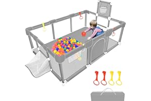 SZBOB Large Baby Ball Pit Sturdy Play Pen/ Yard W/Basketball Hoop for Babies and Toddlers Children's Fence Play Area, Indoor Outdoor Kids Activity Center, Infant Safety Gates (Grey)