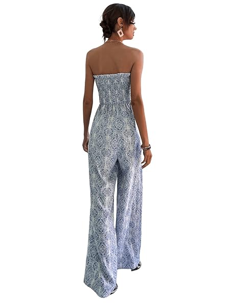 SWEATYROCKS WOMEN’S PRINTED SLEEVELESS TUBE TOP SHIRRED LONG PANTS JUMPSUIT ROMPER BLUE SMALL