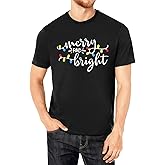 RECUTEWU Christmas Shirts for Men: Xmas Holiday T-Shirt Merry and Bright Letter Tees Vacation Short Sleeve