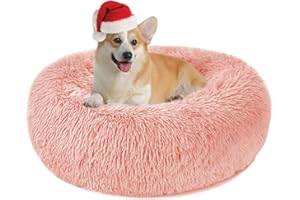 Nepfaivy Calming Dog Bed & Cat Bed - 23.6in Pink Donut Dog Beds for Small Dogs, Round Fluffy Cat Bed, Faux Fur Anti Anxiety Plush Puppy Bed, Warm Soft Cozy Cuddler Comfort Dog Bed, Cute Pet Bed
