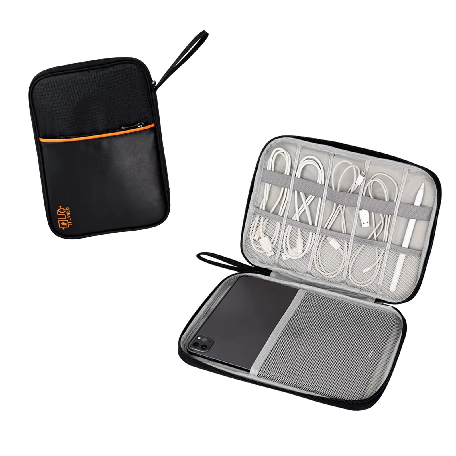 Hosoncovy PU Leather Electronic Accessories Travel Storage Bag Cable Organizer Bag USB Flash Drive Case Tablet Case for Ipad Tablet Phone Cables Earphone USB Thumb Stick Drive (Black)