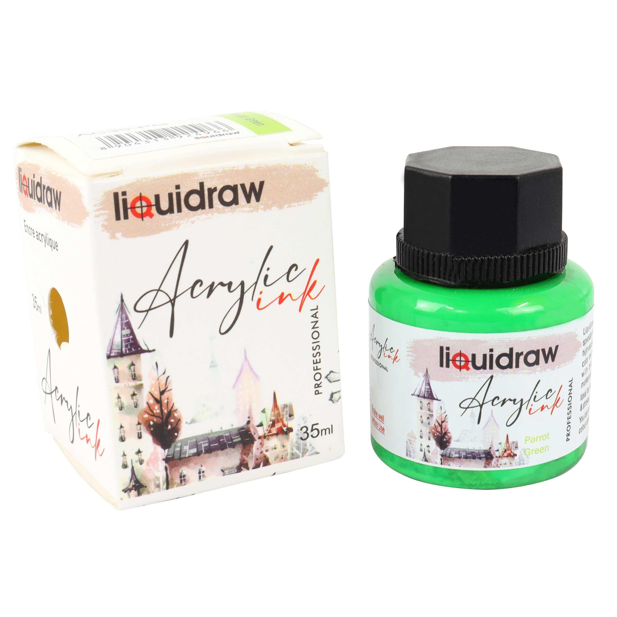 Liquidraw Acrylic Inks for Artists 20 Colours Black White Available Waterproof Ink 35ml Professional for Painting, Drawing, Paints, Art, Brushes, Paper, Board, Canvas, Fabric & Wood (Parrot Green)