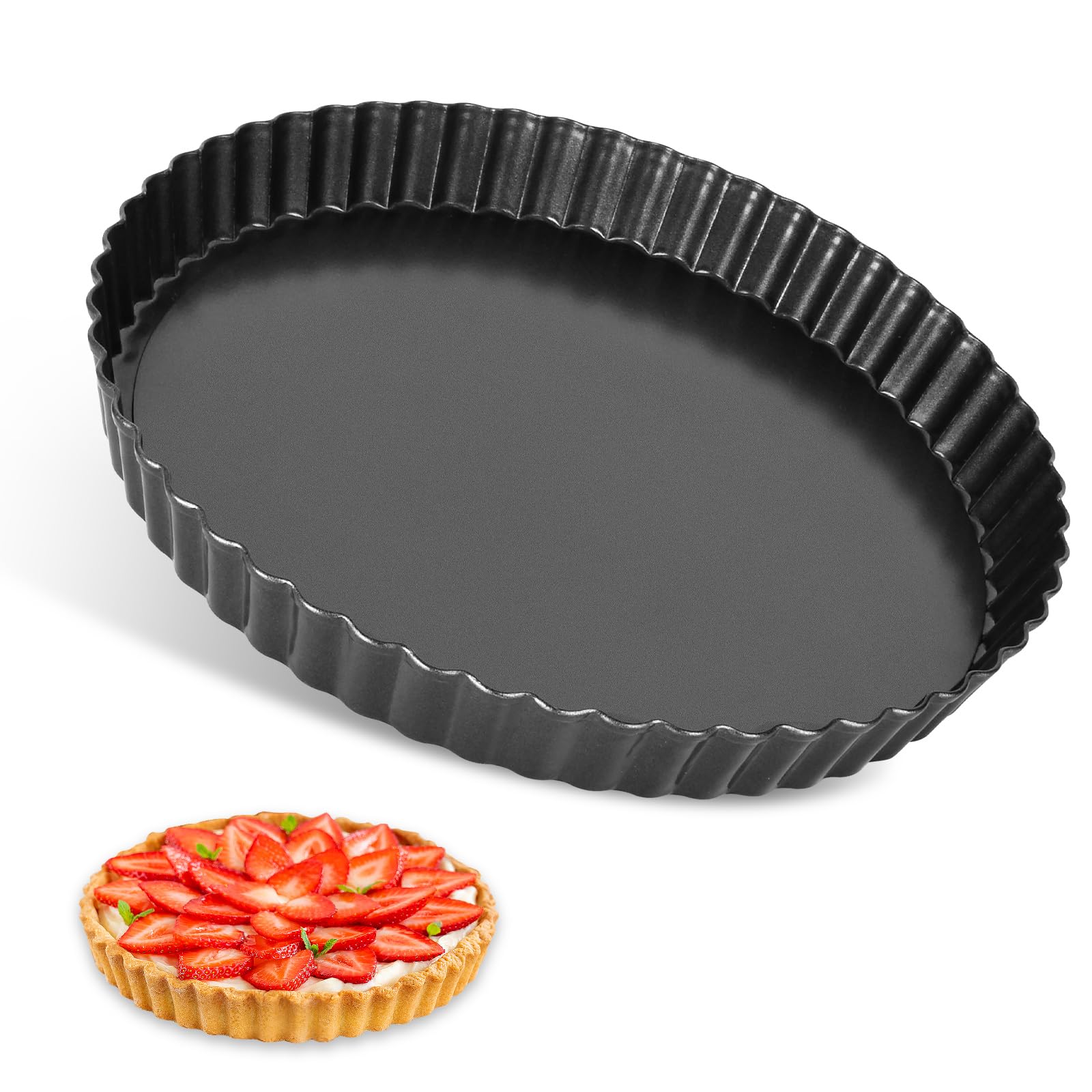 SEGNAYEN Quiche Pan, 30cm Tart Tin with Loose Base, Non-Stick Fluted Round Deep Flan Dish for Baking, Black