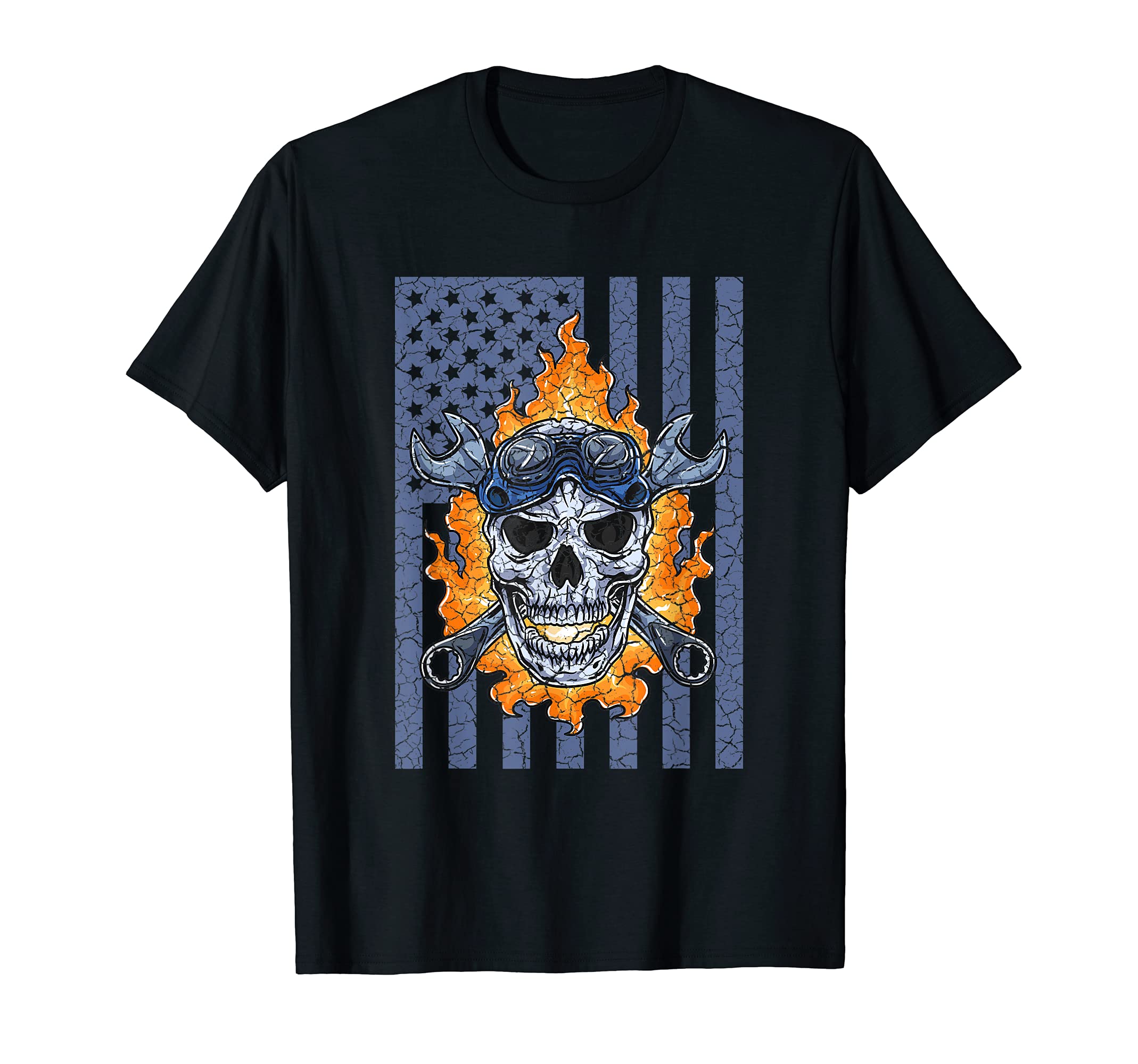 Mechanic Handyman Fire Skull American Flag Tools Wrench T-Shirt