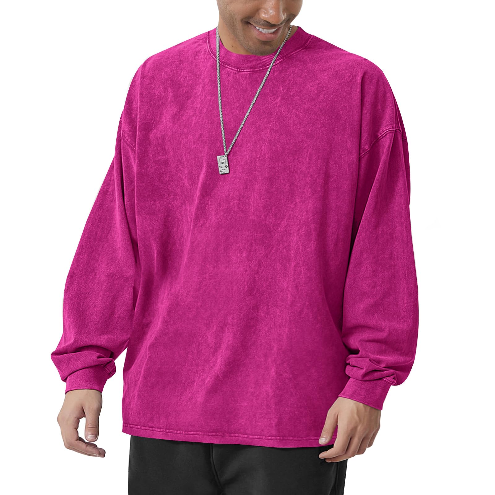 Photo 1 of (LARGE SIZE)Men's Oversized Cotton T-Shirts Heavy Weight Crew Neck Vintage Wash Tee Long Sleeve Casual Gym Workout Tops Rose