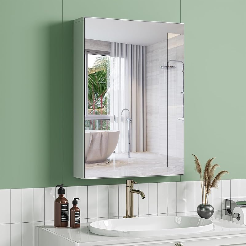 Dripex Single Door Bathroom Mirror Cabinet White 50x70cm Wall Mounted