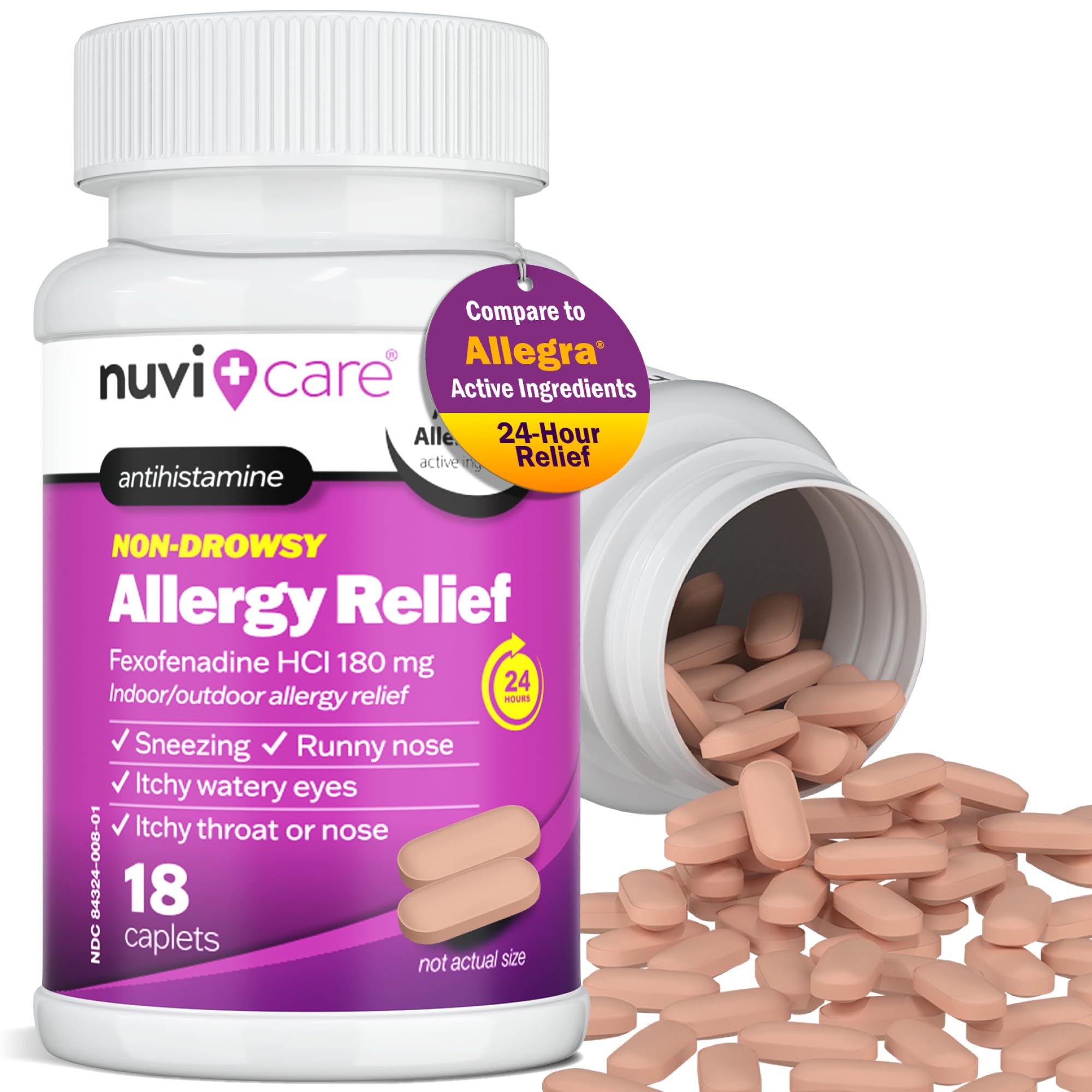 NUVICARE Fexofenadine 180mg 24 Hour - Fexofenadine Hydrochloride 180 mg Antihistamine for Allergy Relief, Hives, Runny Nose, Itching, Compare to Allegra 24 Hour Non Drowsy Allergy Medicine (18 Count)