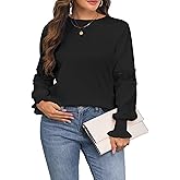 Nasperee Women Crew Neck Long Ruffle Puff Sleeve Eyelet Hollow Out Cotton Tops Loose Fit Stretch T Shirt
