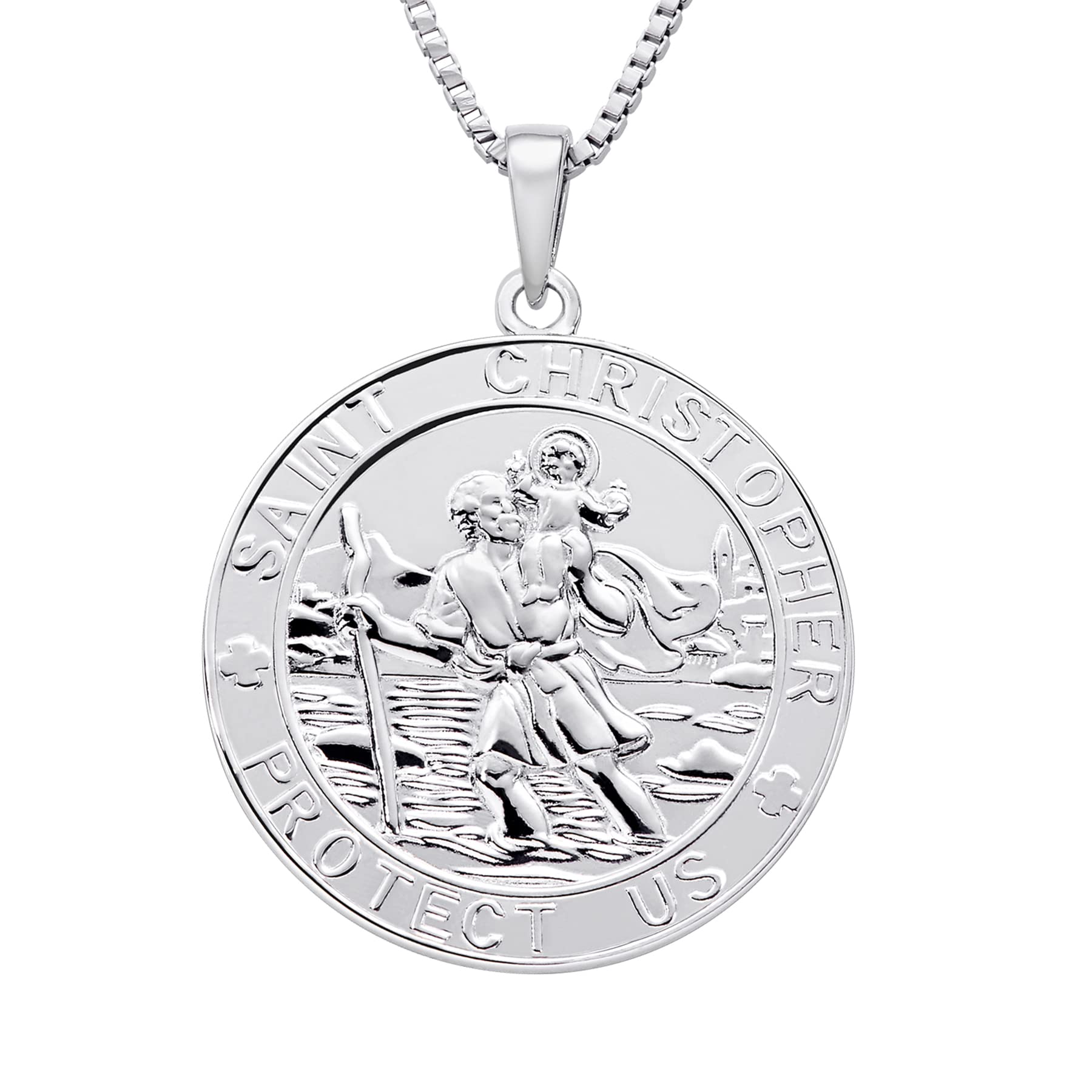 FJ St Christopher Necklace for Women Men 925 Sterling Silver Saint Christopher Necklace Round Antiqued Religious Protector Talisman Pendant with 20" Chain โ image 1