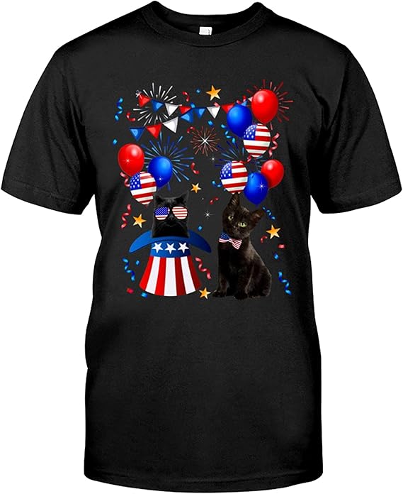 Black Cat 4th of July American Flag Fireworks Patriotic T