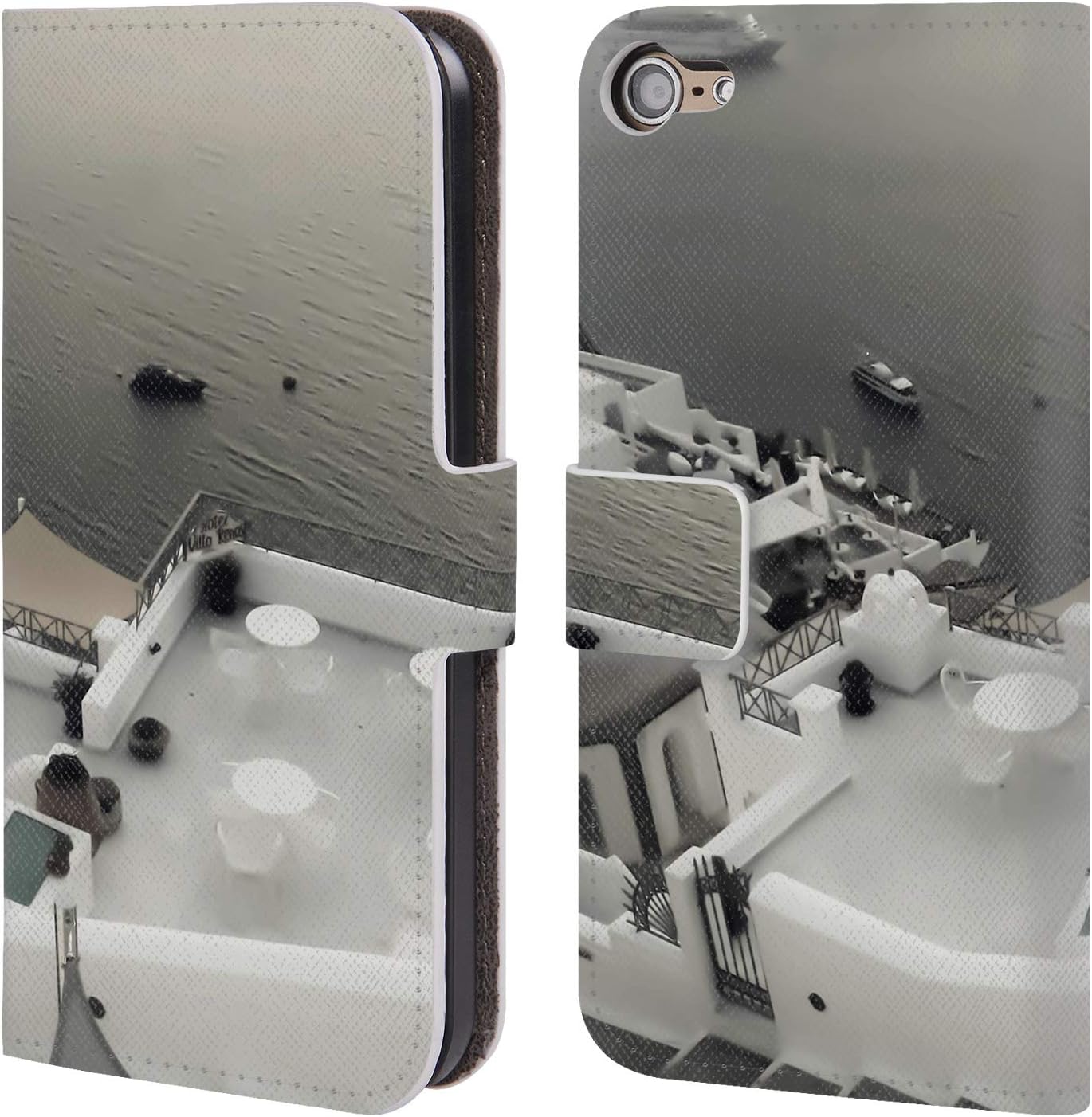 Head Case Designs Officially Licensed by Haroulita Diner Santorini Black & White Leather Book Wallet Case Cover Compatible with Apple Touch 6th Gen/Touch 7th Gen