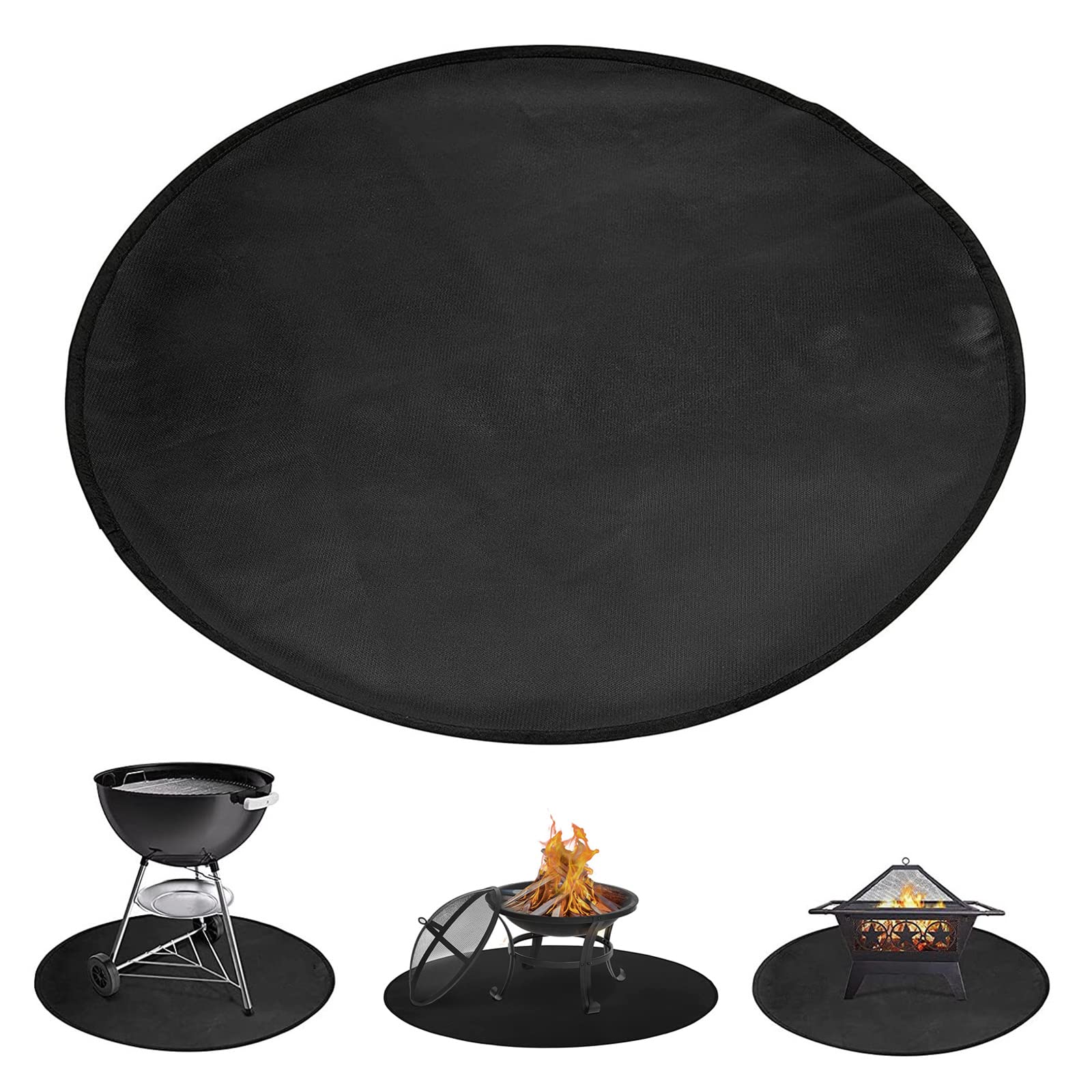 JasCherry Fire Pit Mat Heat Proof Round Mat for Outdoor Patio Deck Grass Lawn Protection - Folding 3 Layer Large Heat Shield Grill Fireproof Mat BBQ Camping Bonfires Utensils - Diameter 39" Black