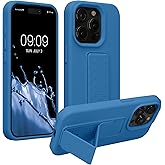 kwmobile Case Compatible with iPhone 15 Pro - Case with Hand Strap and Stand Soft TPU Silicone Coating - Caribbean Blue