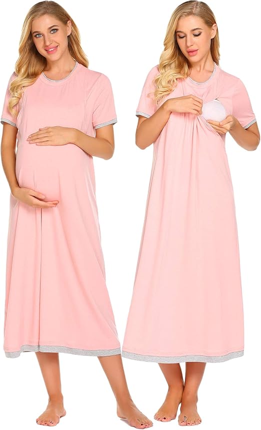 Ekouaer Maternity & Nursing Nightgown Short Sleeve Breastfeeding Pjs
