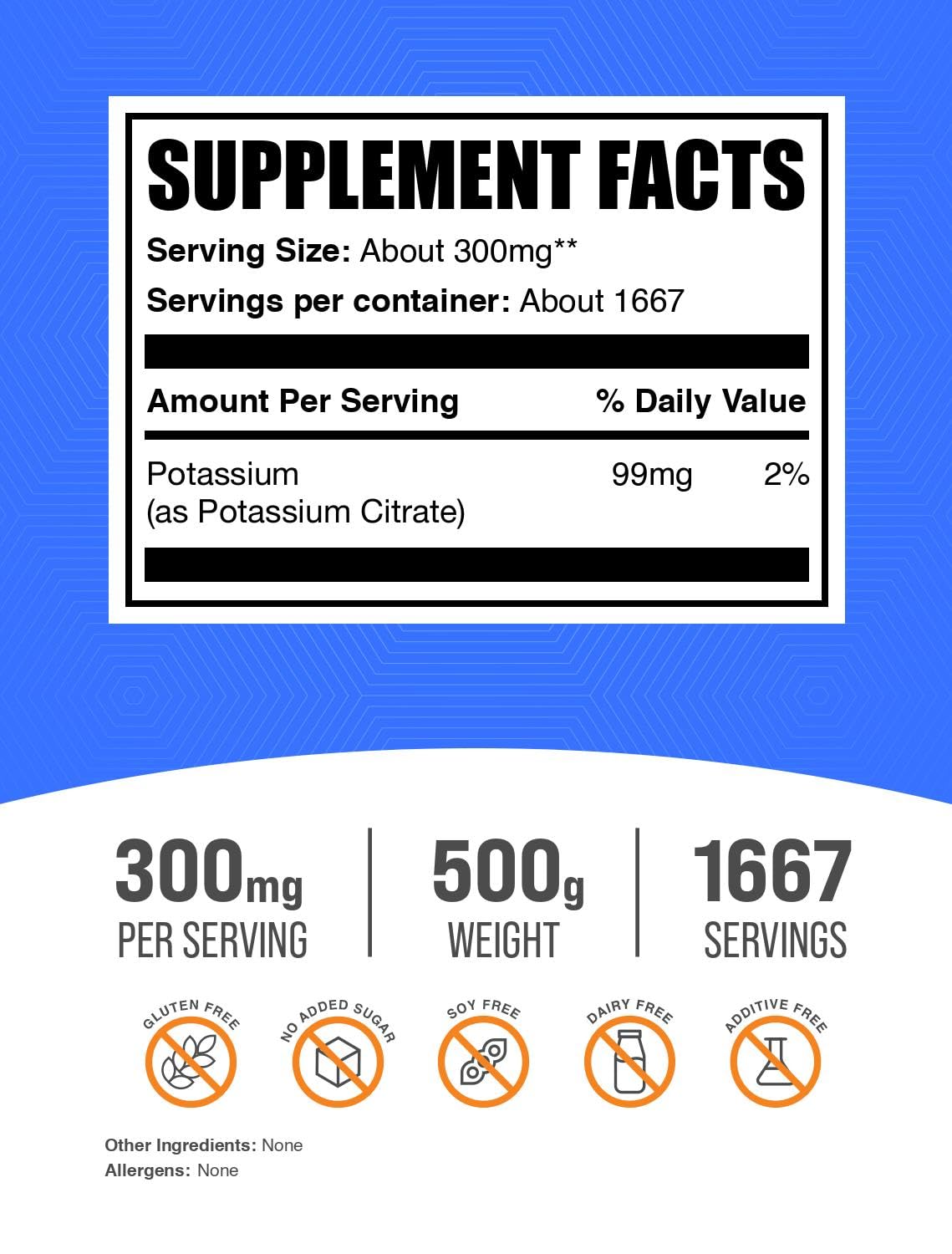 BulkSupplements.com Potassium Citrate Powder - for Hydration Support, Mineral Supplement, Potassium 99mg - Gluten Free, 300mg per Serving, 500g (1.1 lbs) (Pack of 1)
