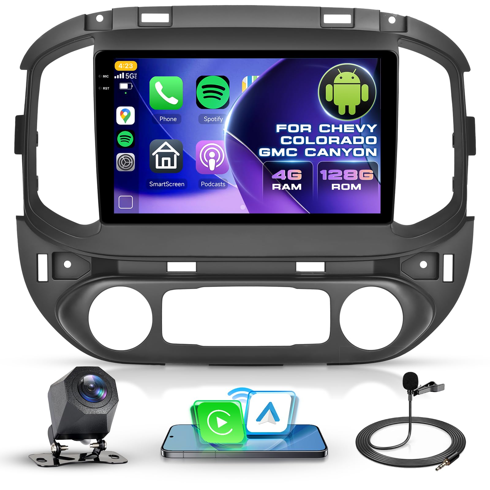 Photo 1 of 4G+ 128G Upgrade Car Radio for Chevy Colorado GMC Canyon 2015-2019, 9 inch Double Din Car Stereo with Wireless Carplay and Android Auto Mirror Link, Bluetooth WiFi GPS SWC Backup Camera EQ FM/RDS