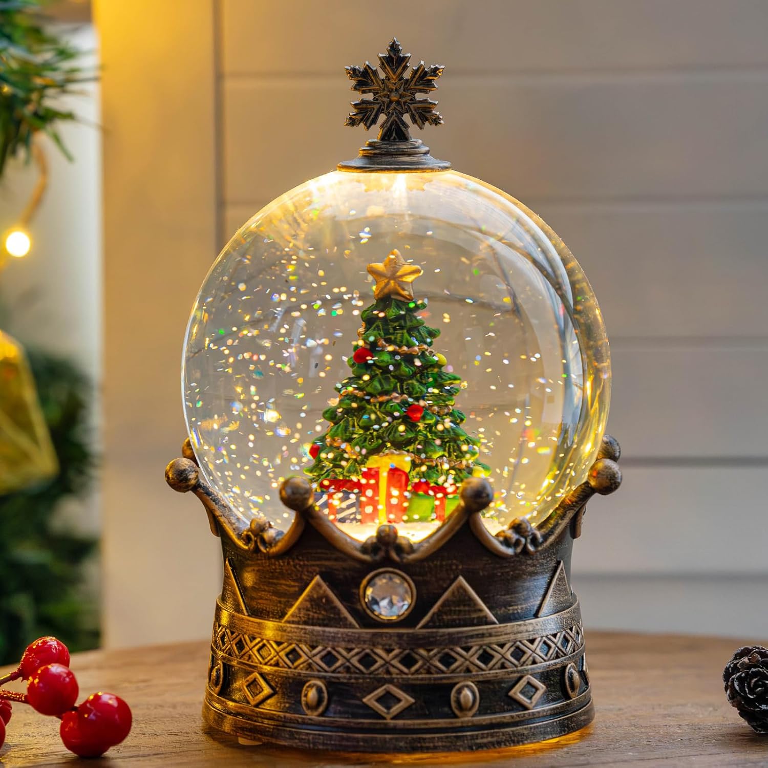 Snow Globes - Christmas Snow Globe Lantern Water Glittering Christmas Tree Crown with Music, USB Lined/Battery Operated Lighted Lantern for Christmas Festival Decoration Gifts