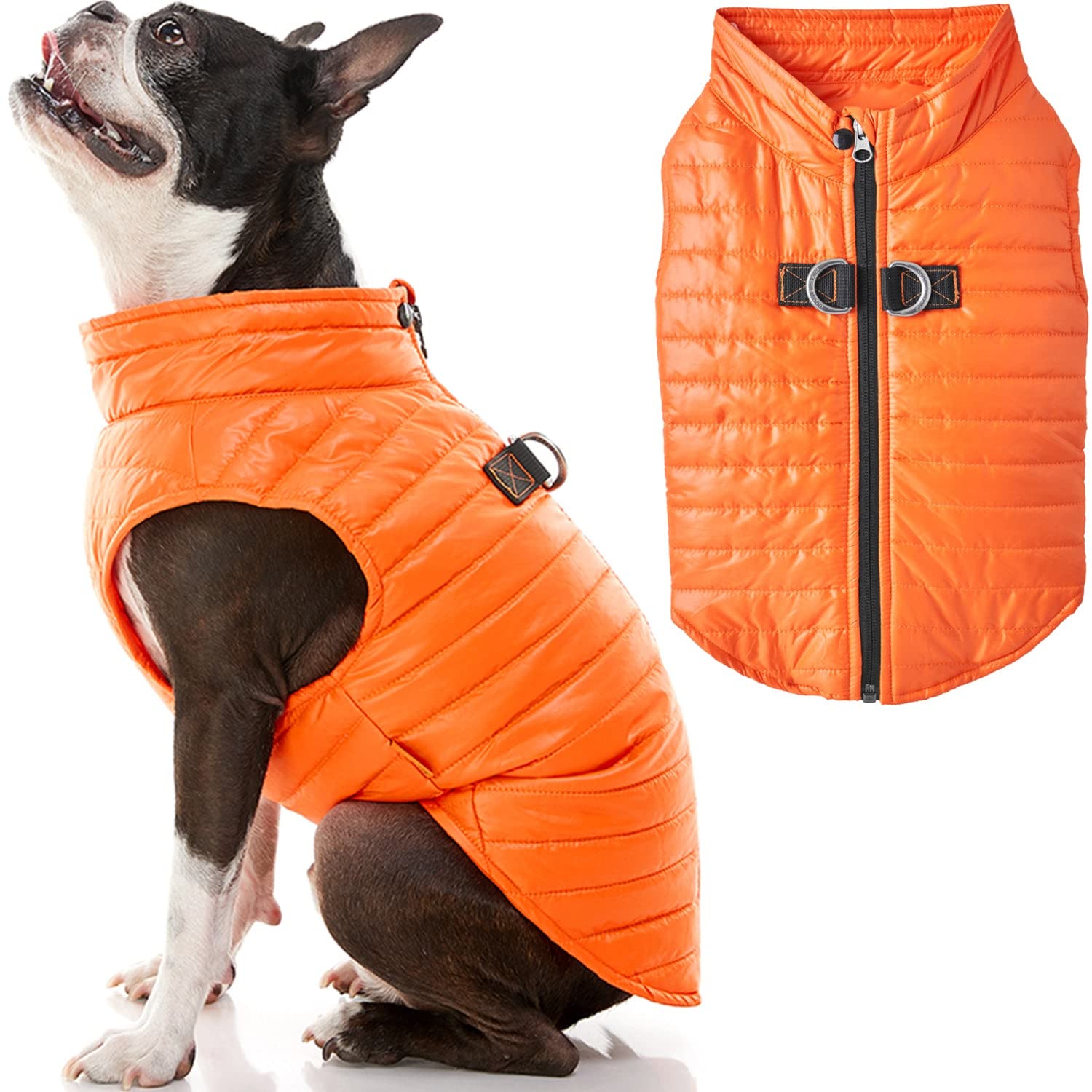 GOOBY Puffer Vest Dog Jacket - Orange, X-Small - Ultra Thin Zip Up Wind Breaker with Dual D Ring Leash - Water Resistant Small Dog Sweater Coat - Dog Clothes for Small Dogs Boy or Medium Dogs