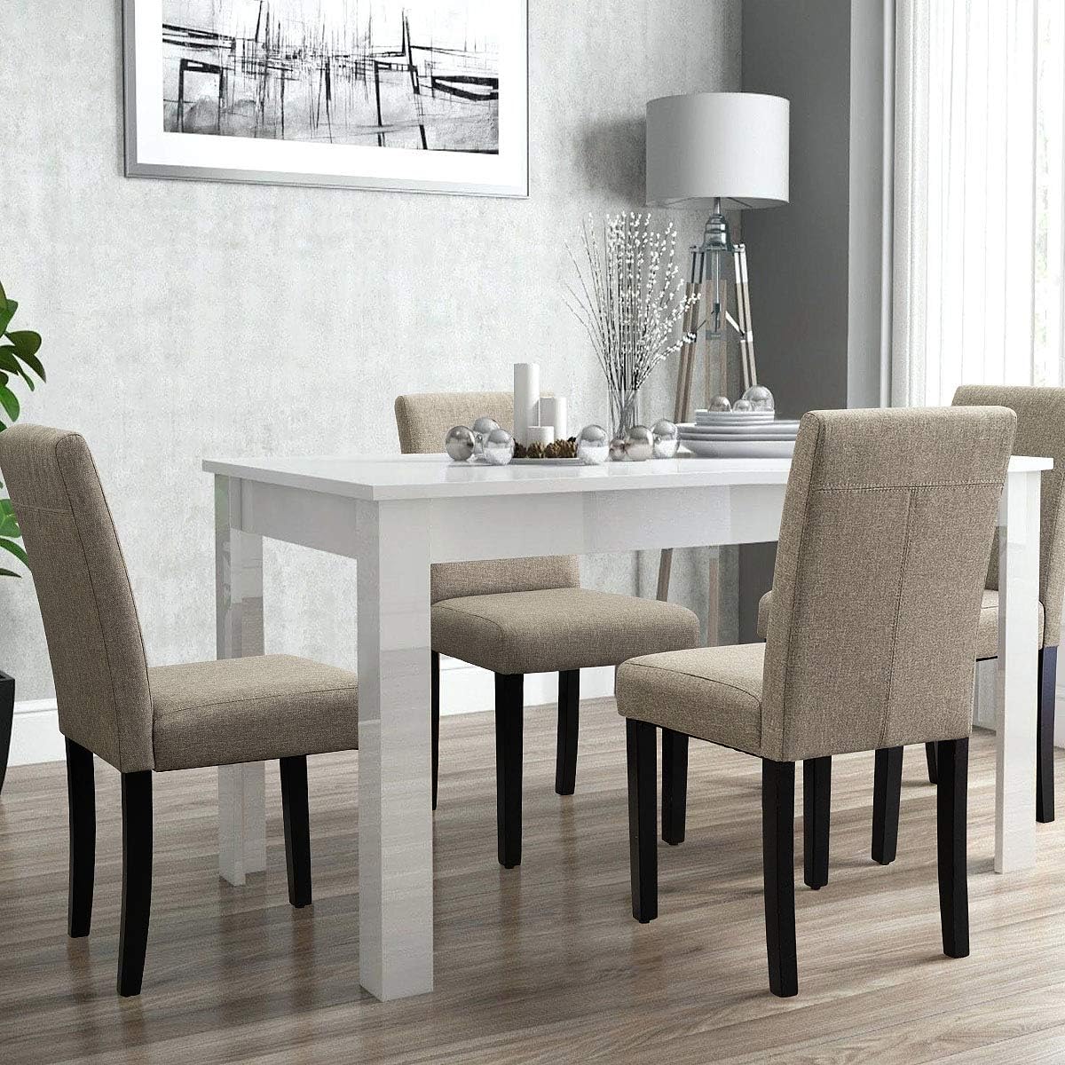 Furniwell Dining Chairs Fabric Upholstered Parson Urban Style Kitchen Side Padded Chair with Solid Wood Legs Set of 4 (Beige) - Chairs