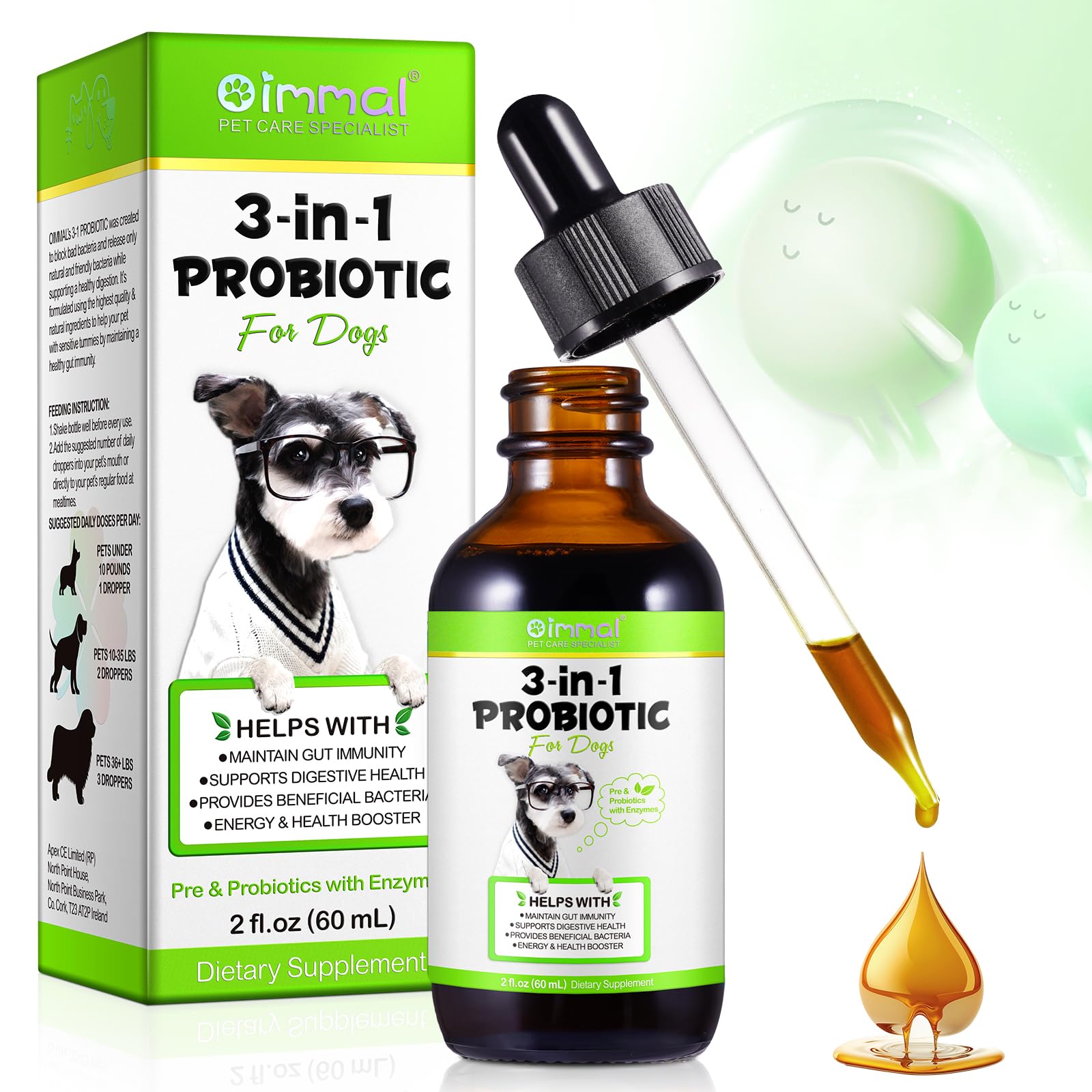 60ml 3-In-1 Probiotics Dogs Drops- Maintain Gut Immunity, Supports Digestive Health, Provides Beneficial Bacteria - Digestive Enzymes, Prebiotics - Promotes Overall Health