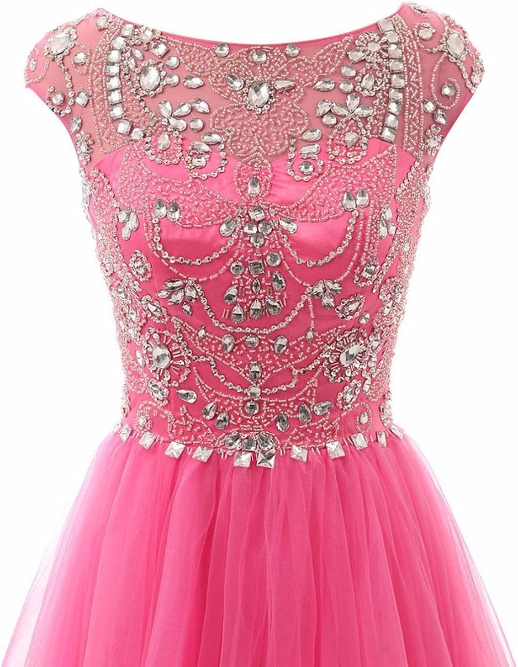 Promworld Women's Wedding Bridesmaid Dress Cap Sleeve Crystal Tulle Long Prom Dresses: Clothing