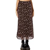 Avanova Women Floral Midi Skirt Boho Fall Summer Mesh High Waisted Maxi Long Skirts Floral Dark Brown Medium