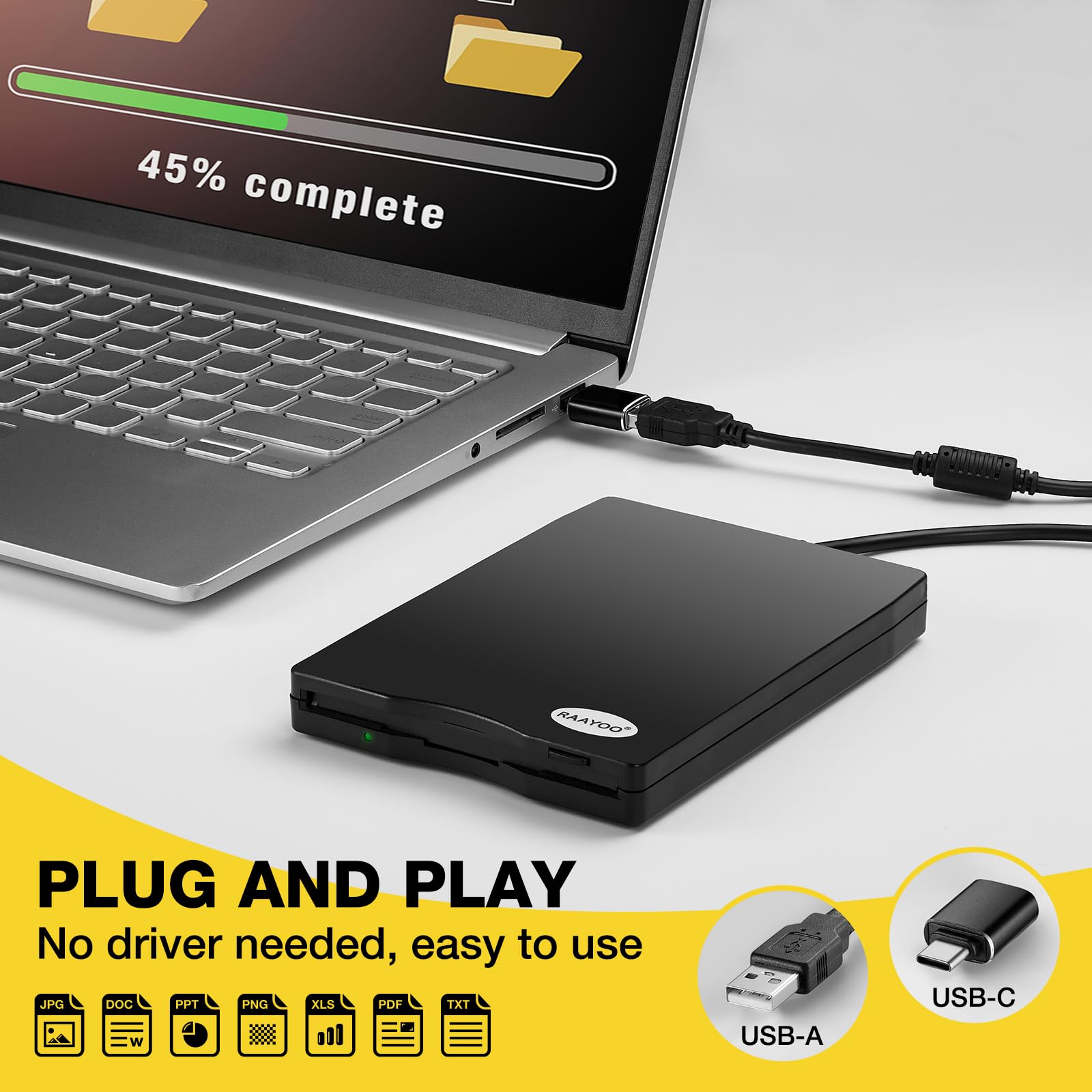 RAAYOO USB Floppy Disk Reader, 3.5 inch External Portable 1.44 MB FDD Floppy Disk Drive for Windows 11/10/8/7/2000/XP PC Laptop Desktop Notebook Computer