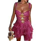 ensswliz Women Y2k Glitter Starfish Short Dress Sleeveless Tiered Ruffle Hem Mini Dress Hollow Cut Out Beach Party Dresses