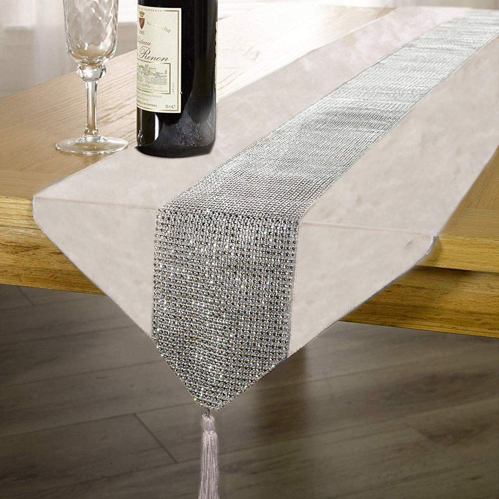 Time to Sparkle Luxury Velvet Diamante Table Runner Thick Velvet Chenille Satin Tasseled Christmas Xmas (Velvet-ivory, Runner 31x183cm)