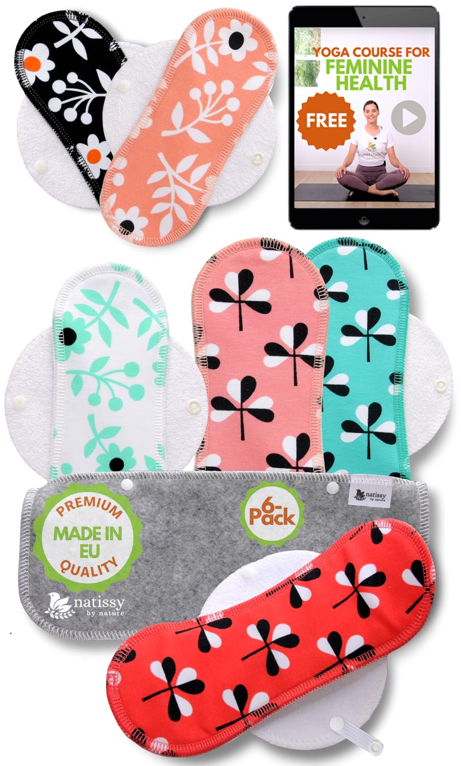Made in EU – Reusable Sanitary Pads for Light Flow (6 Pack, S+M) – High-Temp Washable, Durable Cloth Period Pads for Women & Teens – Breathable Organic Cotton & Secure-Fit for Menstrual Comfort