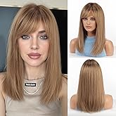 RSY Straight Human Hair Wigs for Women, Shoulder Length and Layered Real Hair Ombre Ash Blonde Wig with Bangs for Daily Party Use