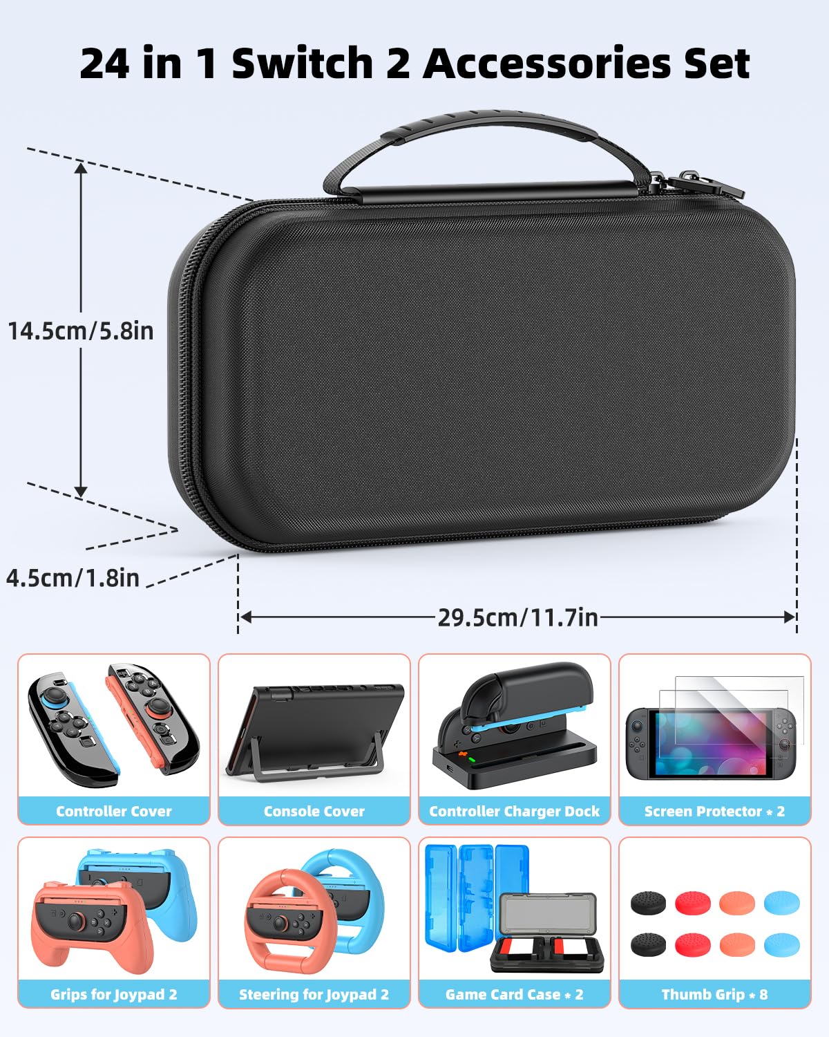 Switch 2 Zubehörpaket für Switch 2, 24 IN 1 Kit, Switch 2 Slim Case, 2 Displayschutzfolien, Ladestation für Switch 2 mit Kabel, 2 Lenkräder, für Joycon 2 Schutzhülle & 2 Griffe, 8 Daumengriffe, 2 Spie 2