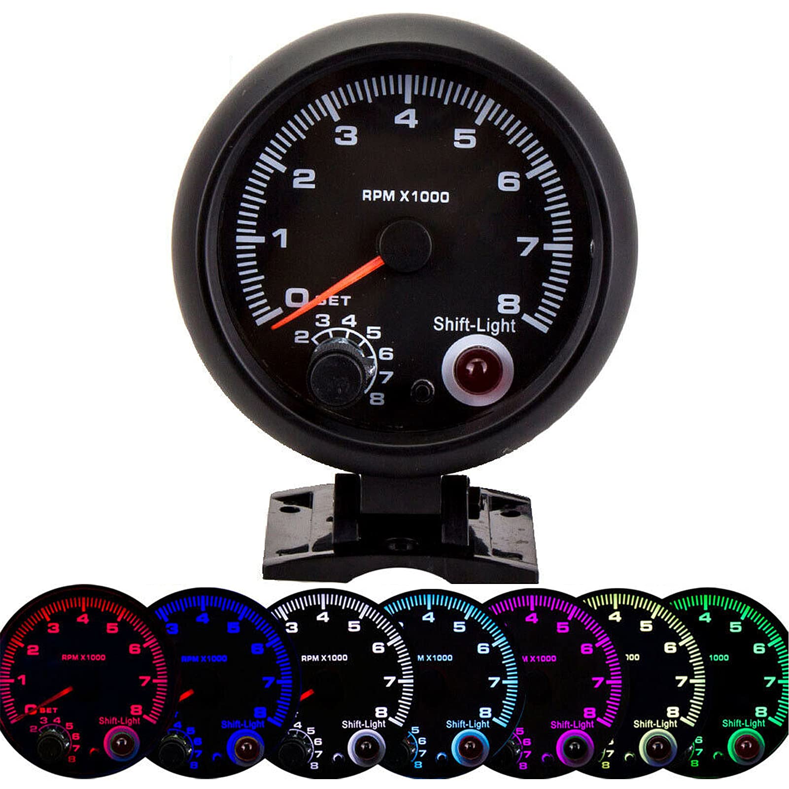 BlyeMichdi 95mm/3.75インチ タコメーター ゲージ LED、マリンタコメーター 車 トラック ボート タコゲージ 車 ユニバーサル ブラック タコメーターゲージ、RPM 7色 LEDライト ポインターインジケーター デイール 0-8000 RPM