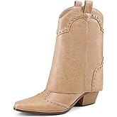 RONILURN Women Shark Boots Fold Over Cowboy Boots Cowgirl Ankle Chunky Heel Snip Toe Pull On Studded Boots for Women