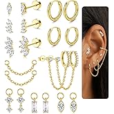 Fansilver Hypoallergenic Gold Earrings for Women Trendy - Cartilage Chain Earring Stacks - Surgical Stainless Steel Flat back Stud Earrings - Small Gold Hoops With CZ Charms - Dainty Stud Huggie Earring Sets for Multiple Piercing
