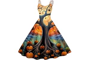 BAGELISE Women's Halloween Maxi Dresses Short Sleeve Crewneck High Waisted Flowy Dress Trendy Graphic Party Fall Dress