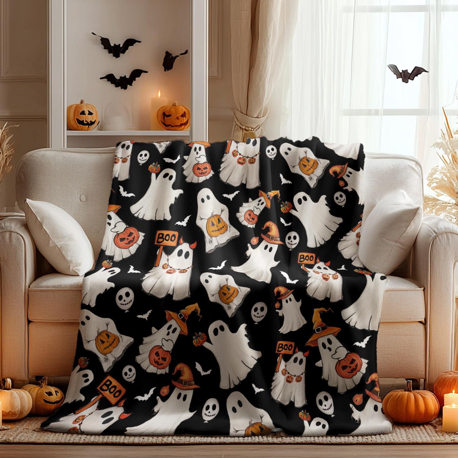 Photo 1 of Horaldaily Halloween Flannel Blanket Throw, Ghost Boo Jack-O-Lantern Pumpkin Skulls Soft Fuzzy Plush Cozy Fleece Blankets for Couch Sofa Bed Lounging, Ideal Gifts for Kids Adults Wife Self, 50x60