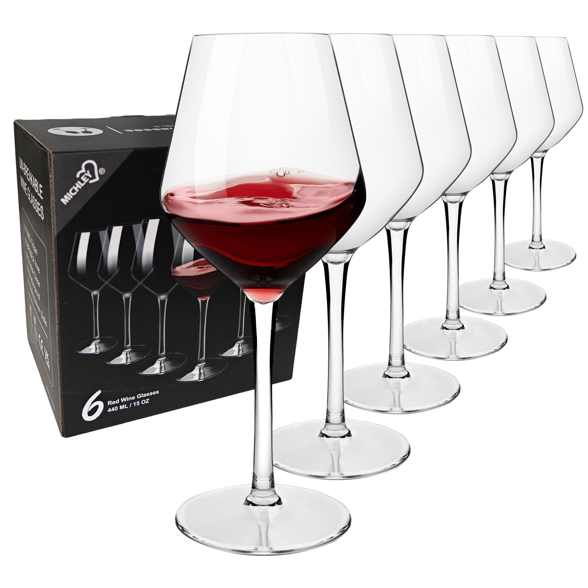 COOKY.D Large Tritan-Plastic Red Bordeaux Wine Glasses 15oz, Unbreakable Long Stemmed Glassware for Party, Birthday, Dishwasher Safe, Dishwasher Safe, BPA Free, Set of 6