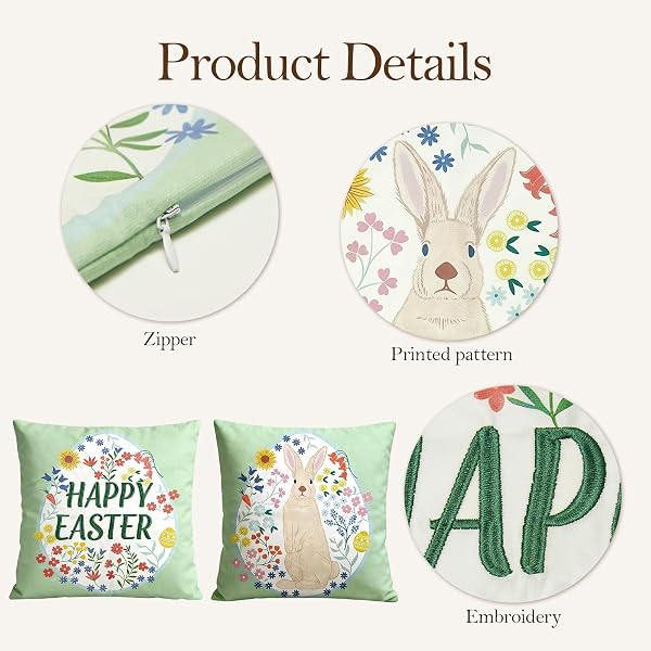 WDS WONDROUS EASTER PILLOW COVERS 18X18 INCH, SPRING THROW PILLOW COVERS SET OF 2, FARMHOUSE DECORATIVE LUMBAR PILLOWS CASE FOR COUCH, SOFA, LIVING ROOM, HAPPY EASTER HOME DECOR