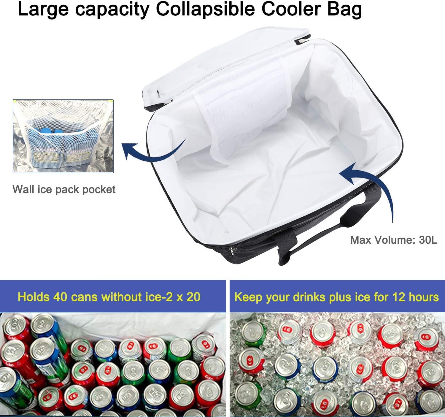 Voova Cooler Bag 50-Can (30L), Large Collapsible Cool Bag, Insulated Picnic Lunch Bag Box Soft Sided Wine Cooler Boxes - Image 5