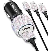 Bling USB Car Charger 5V 2.4A Multicolor Crystal Decor Dual Port Fast Adapter with 4ft Nylon Type C Micro USB 3 in 1 Multi Charging Cable for iPhone iPad Android, Auto Interior Accessories for Women