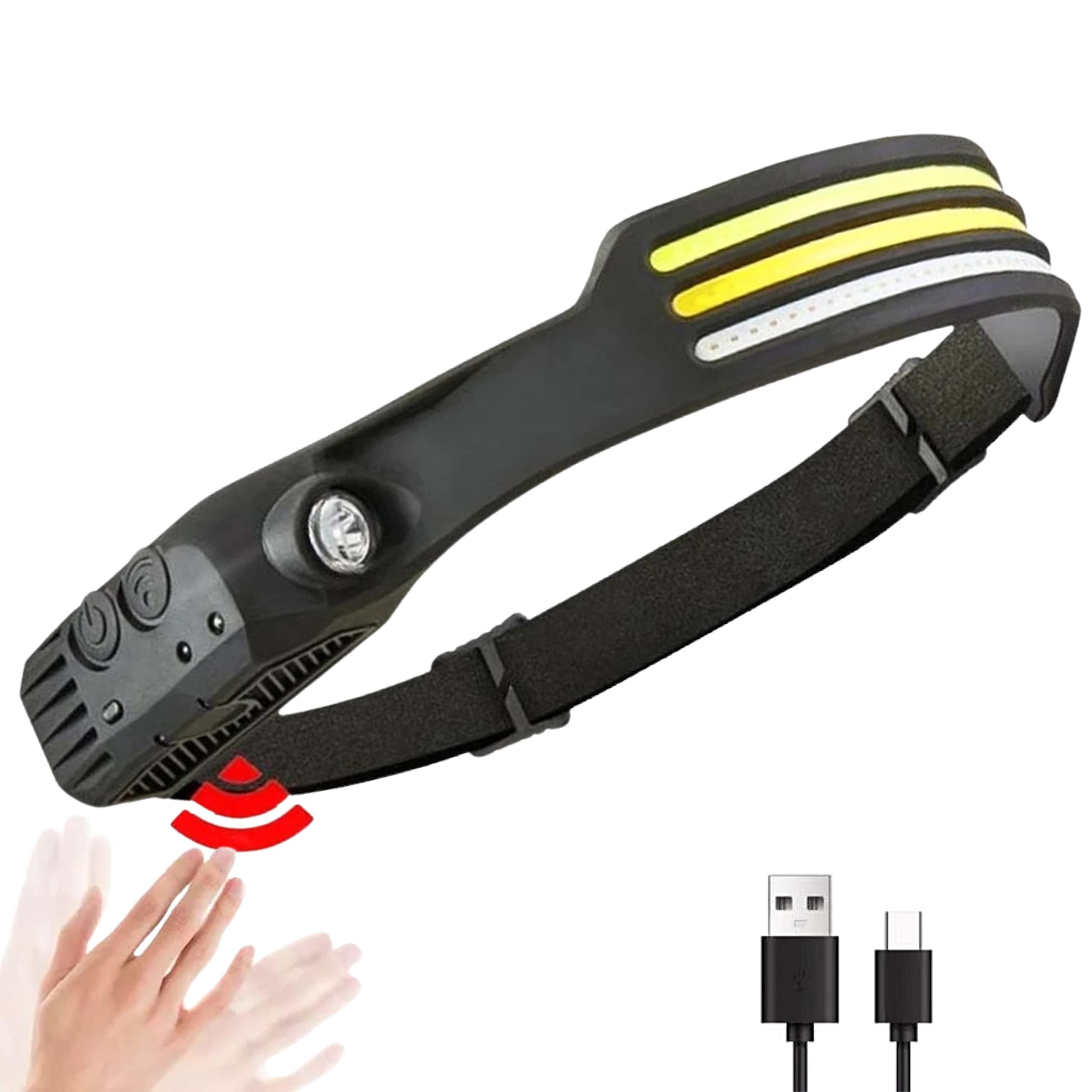 ZACTLY Triple LED Head Torch Red Yellow White, USB-C Rechargeable, Camping Headlight eadlamp with Motion Sensor, Water-Resistant Flashlight for Running Cycling Walking Jogging Fishing Hiking